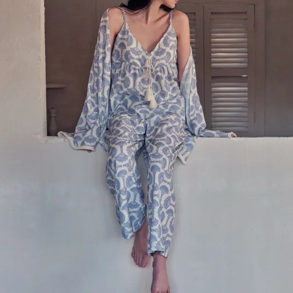 Cotton Lace Tie Up AOP 3PC Pajama Set