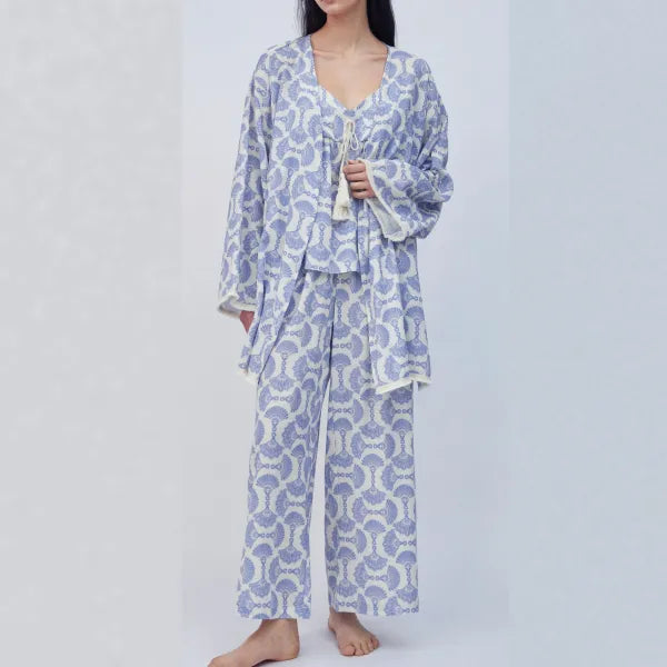 Cotton Lace Tie Up AOP 3PC Pajama Set