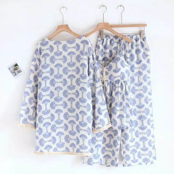 Cotton Lace Tie Up AOP 3PC Pajama Set