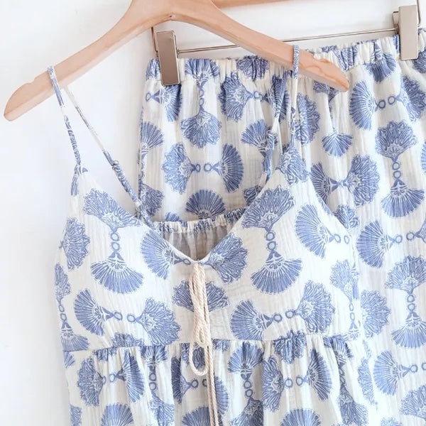 Cotton Lace Tie Up AOP 3PC Pajama Set