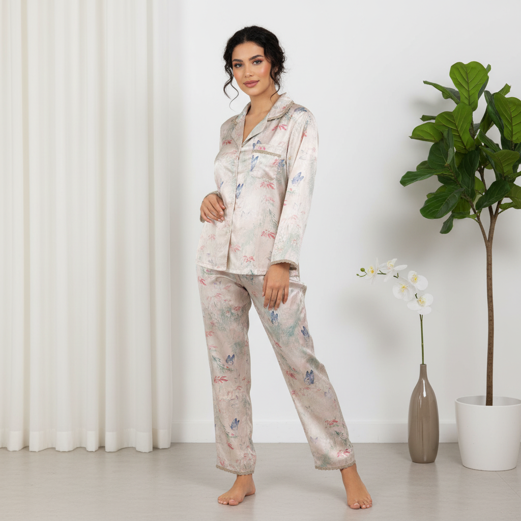 Lace Lined Butterfly Printed Silk Pajama Set