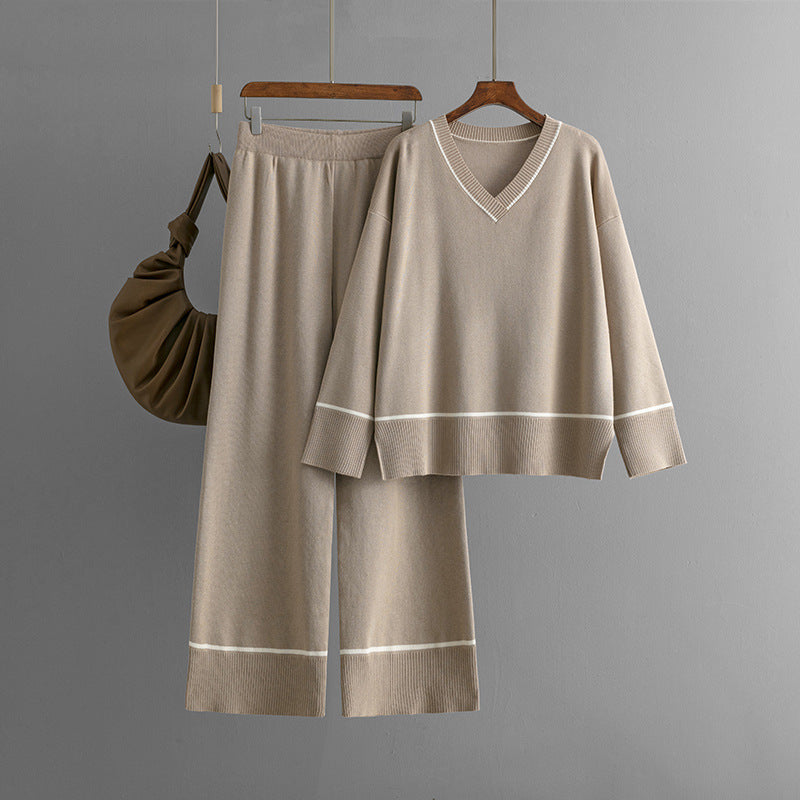 Loose Pullover Knitted Pajama Set - Khaki