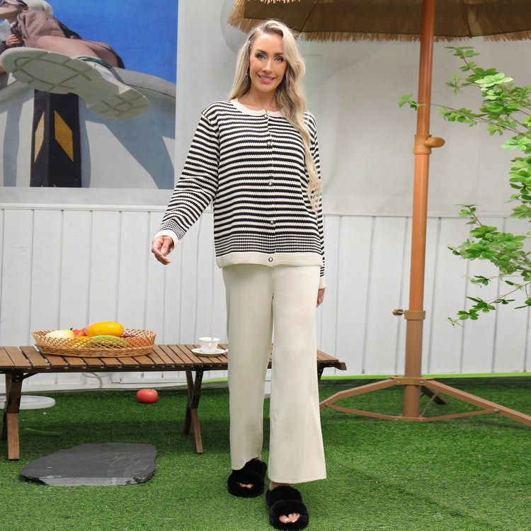 Striped Knitted Wide Leg Pajama Set - Beige