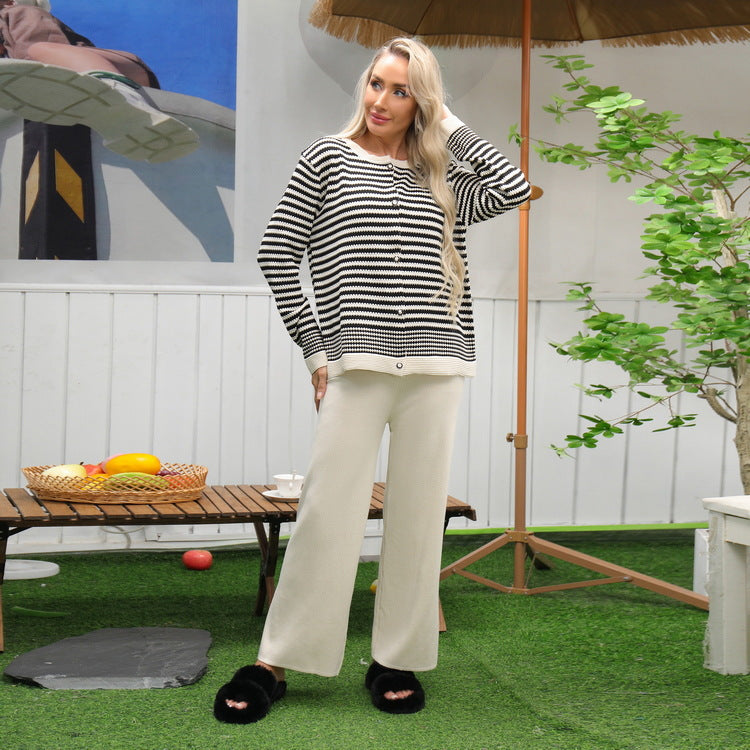 Striped Knitted Wide Leg Pajama Set - Beige