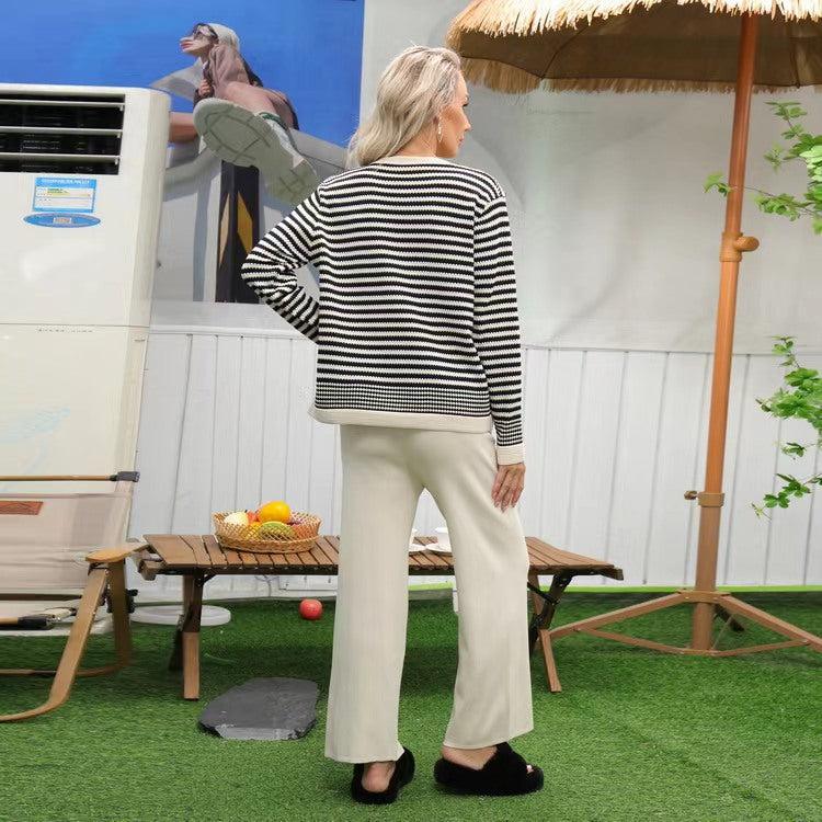 Striped Knitted Wide Leg Pajama Set - Beige