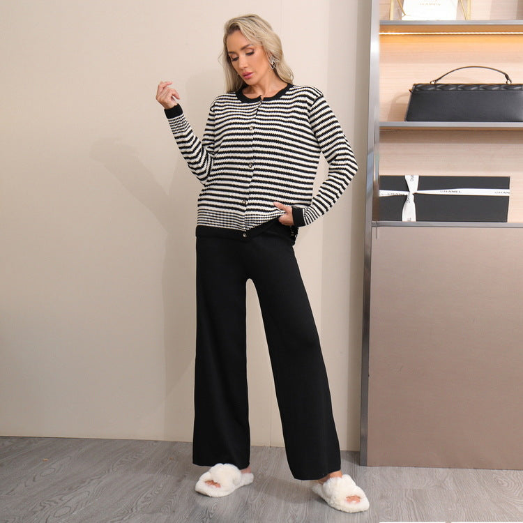 Striped Knitted Wide Leg Pajama Set - Black