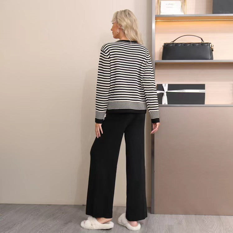 Striped Knitted Wide Leg Pajama Set - Black