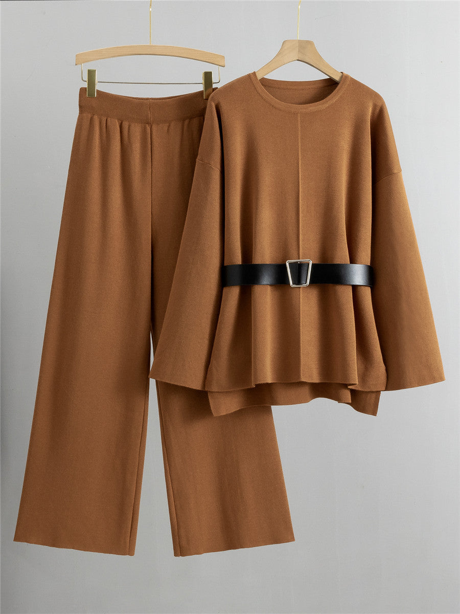 Elegant Belted Knit Pajama Set - Brown