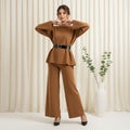 Elegant Belted Knit Pajama Set - Brown
