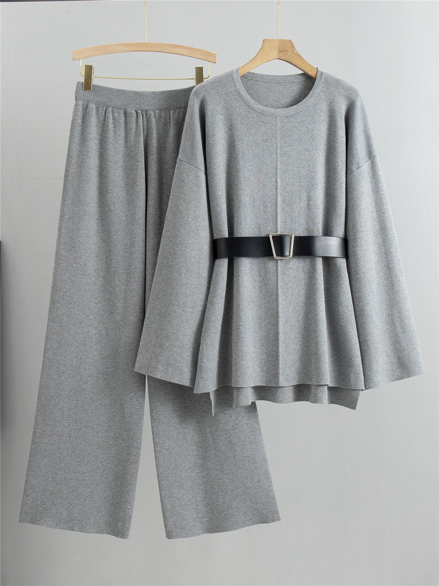 Elegant Belted Knit Pajama Set - Grey