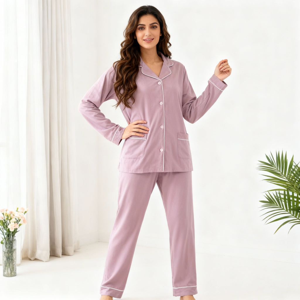 Purple Solid Cotton Pajama Set