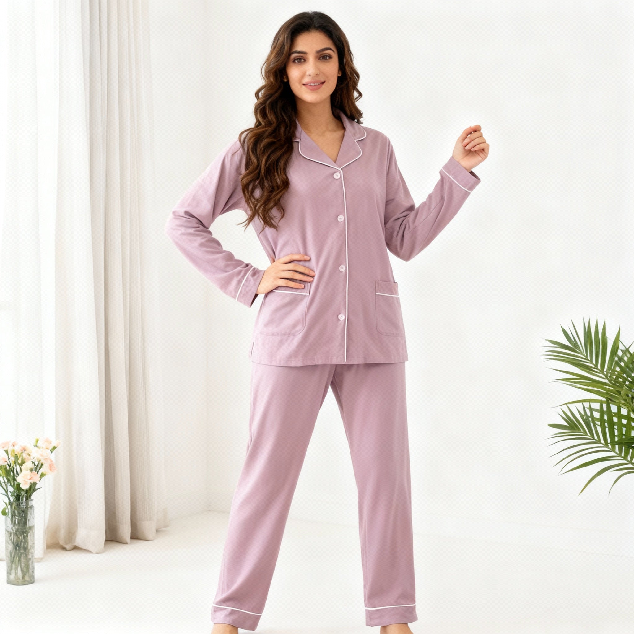 Purple Solid Cotton Pajama Set