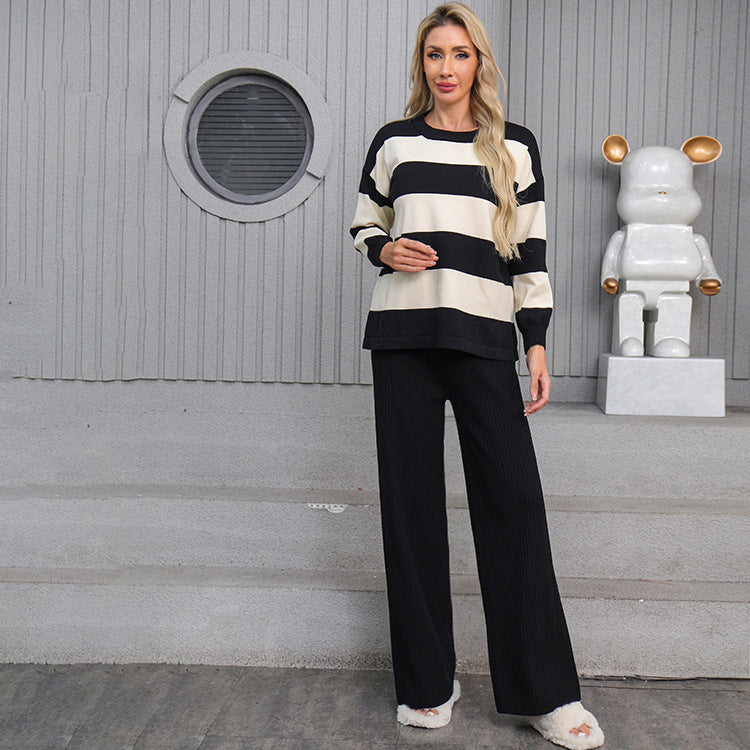 Striped Knitted Loose Pajama Set - Black