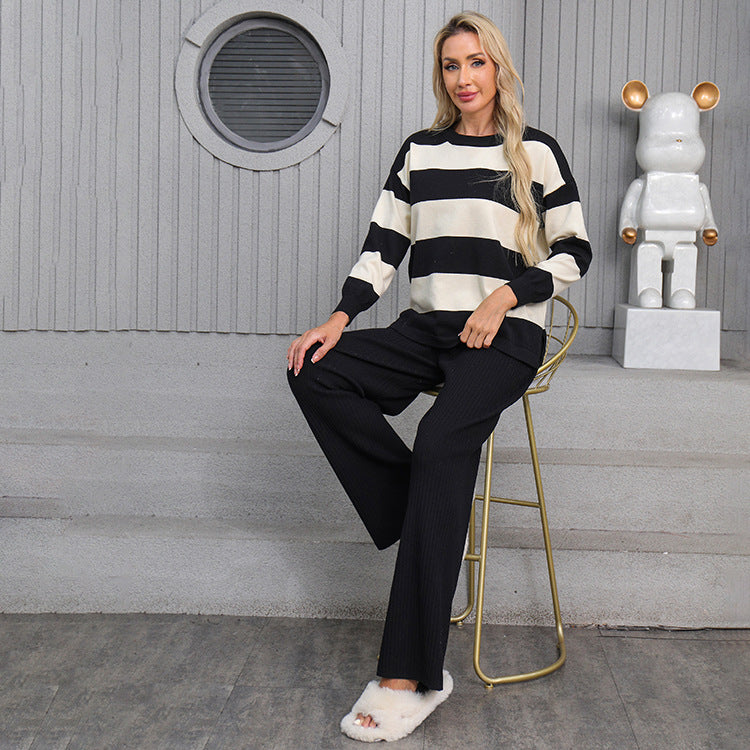 Striped Knitted Loose Pajama Set - Black