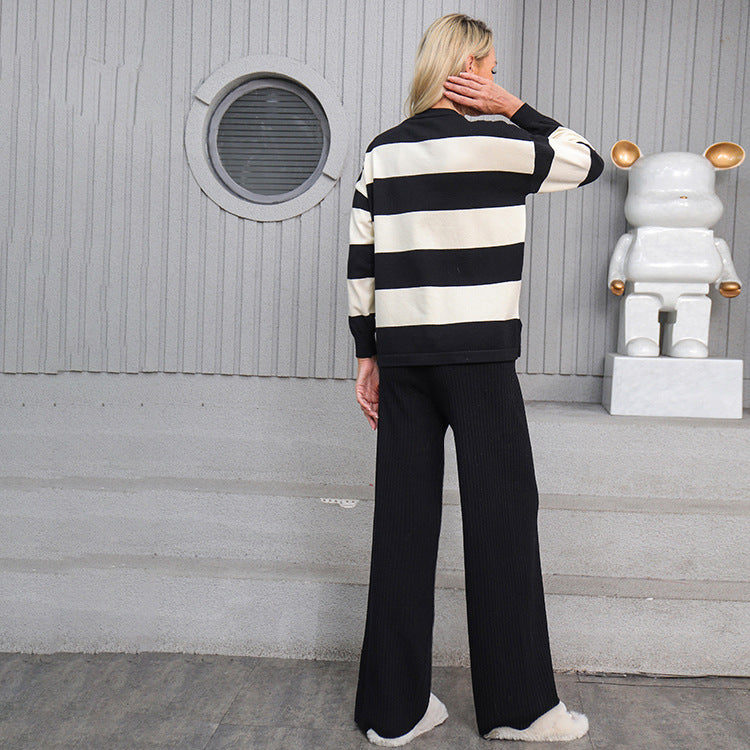 Striped Knitted Loose Pajama Set - Black