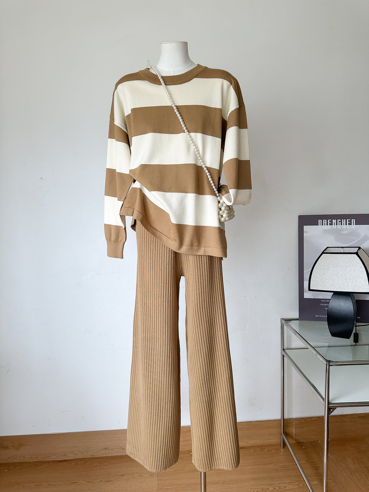 Striped Knitted Loose Pajama Set - Camel