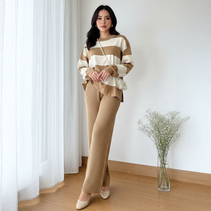 Striped Knitted Loose Pajama Set - Camel