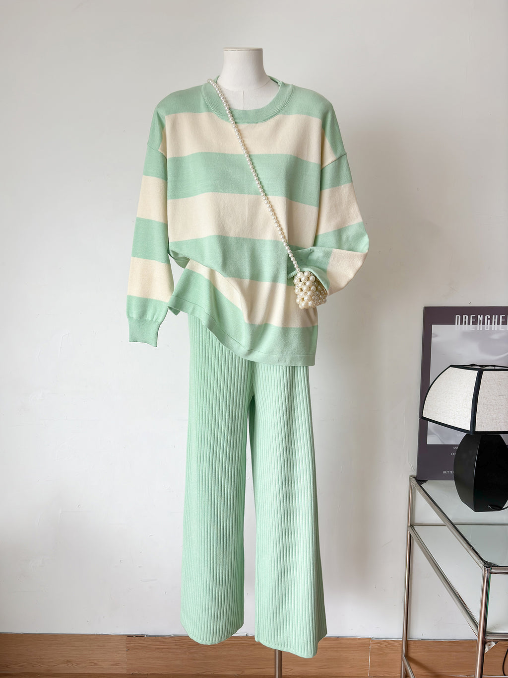 Striped Knitted Loose Pajama Set - Green