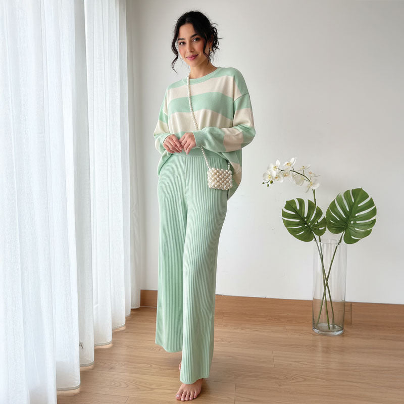Striped Knitted Loose Pajama Set - Green