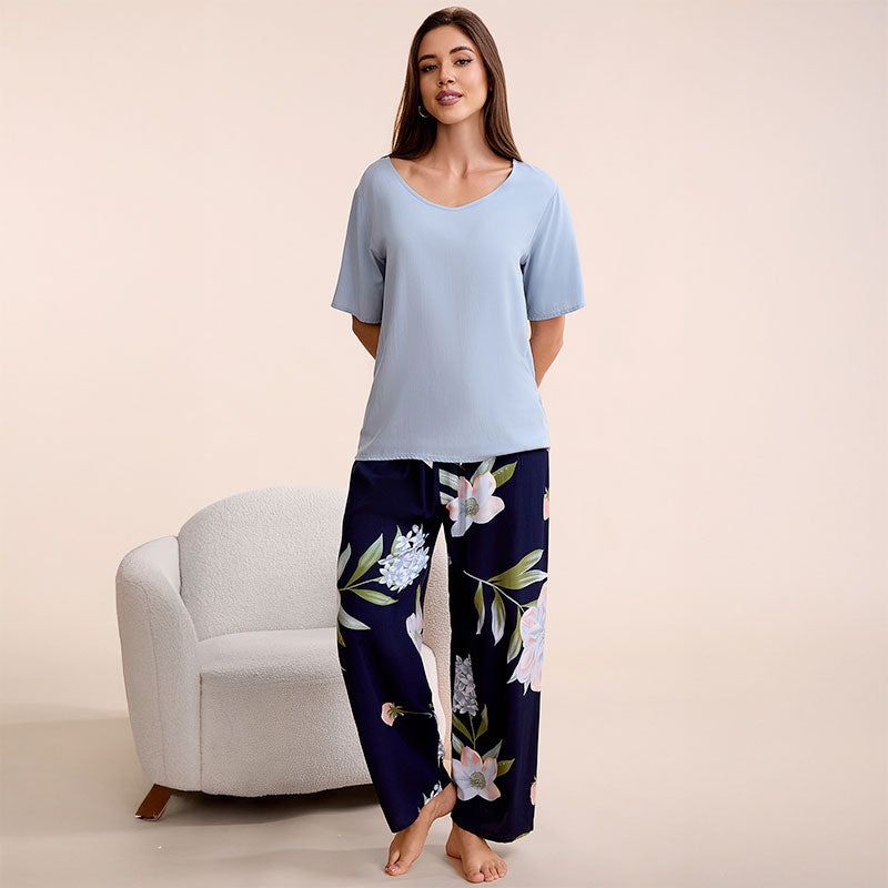 Cotton Floral Wide Leg Pajama Set - Light Blue