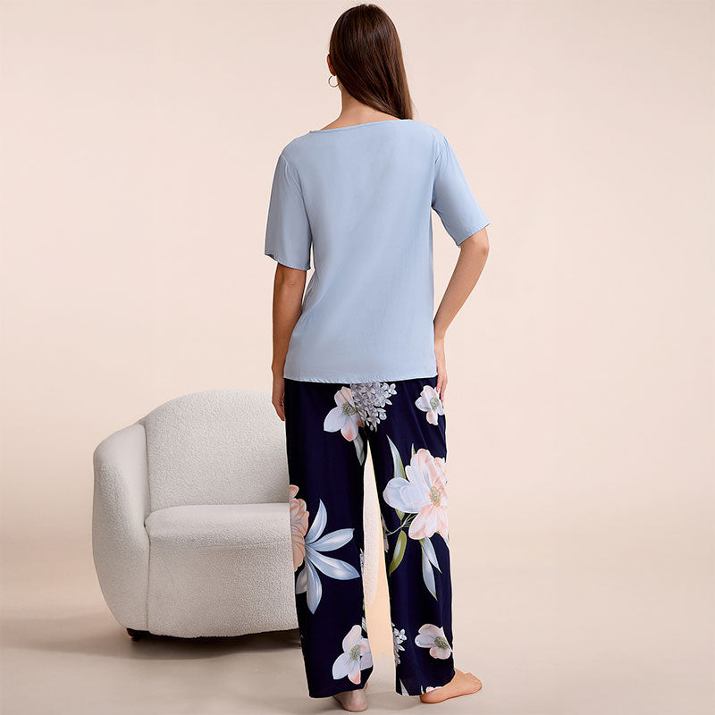 Cotton Floral Wide Leg Pajama Set - Light Blue
