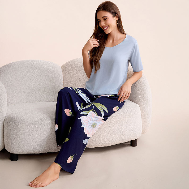Cotton Floral Wide Leg Pajama Set - Light Blue