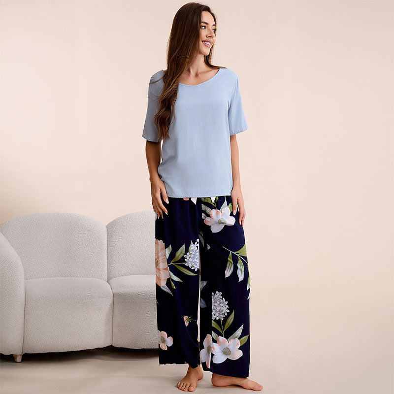 Cotton Floral Wide Leg Pajama Set - Light Blue