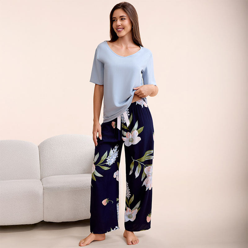 Cotton Floral Wide Leg Pajama Set - Light Blue