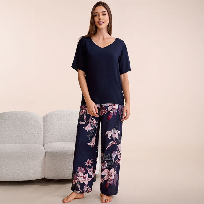 Cotton Floral Wide Leg Pajama Set - Navy