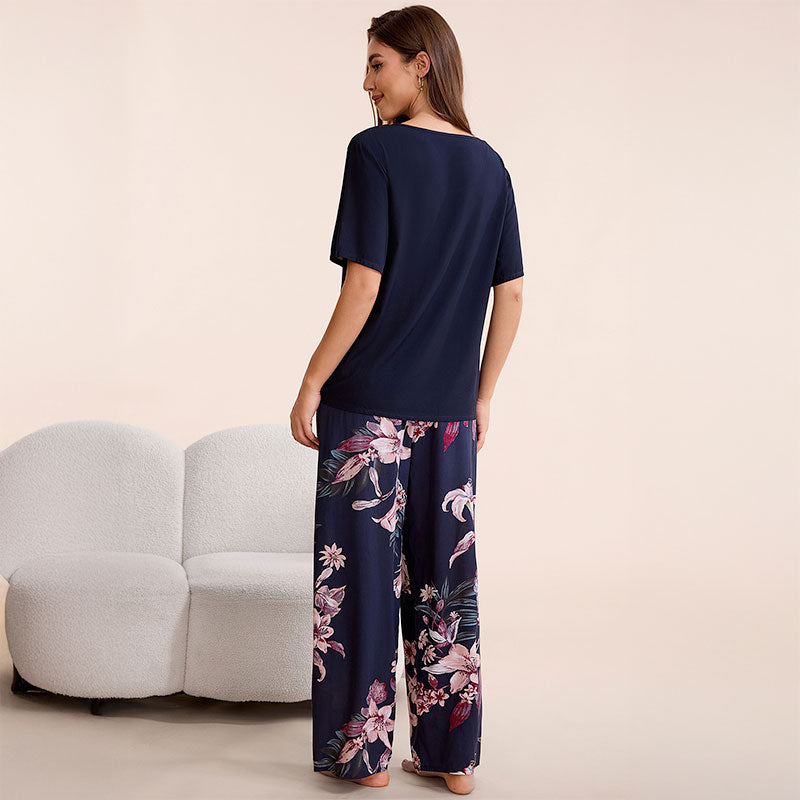 Cotton Floral Wide Leg Pajama Set - Navy