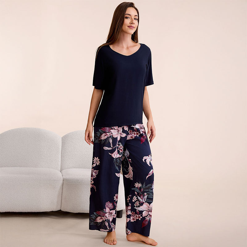 Cotton Floral Wide Leg Pajama Set - Navy