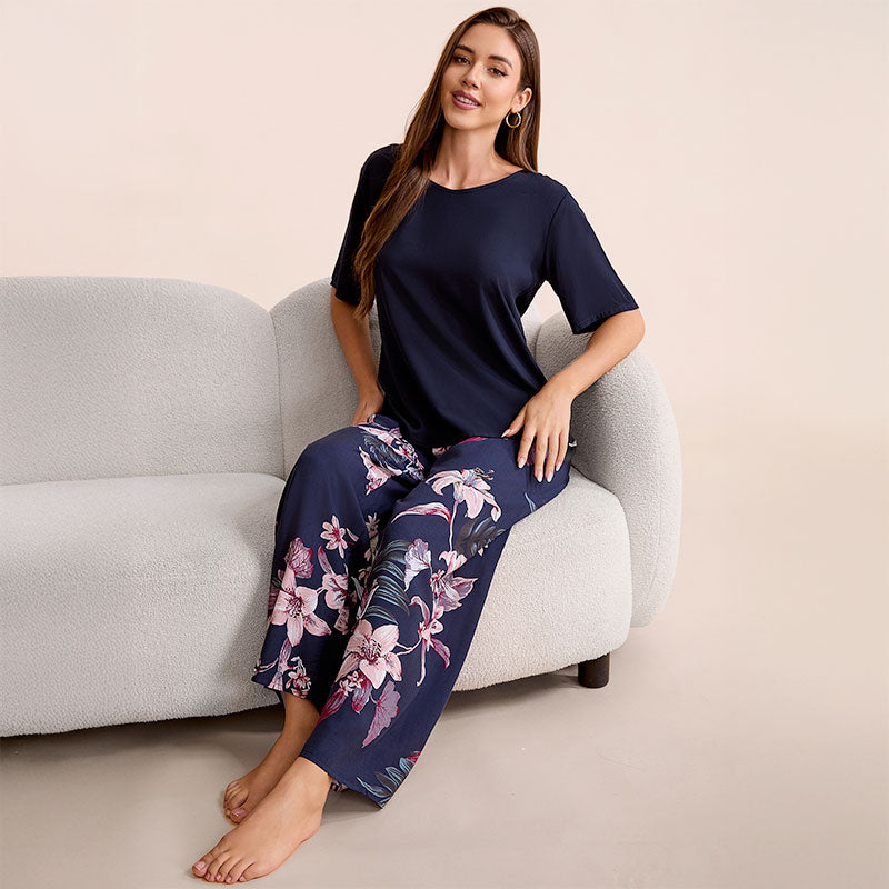Cotton Floral Wide Leg Pajama Set - Navy