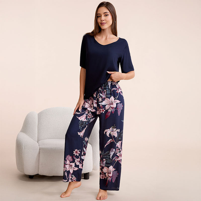 Cotton Floral Wide Leg Pajama Set - Navy