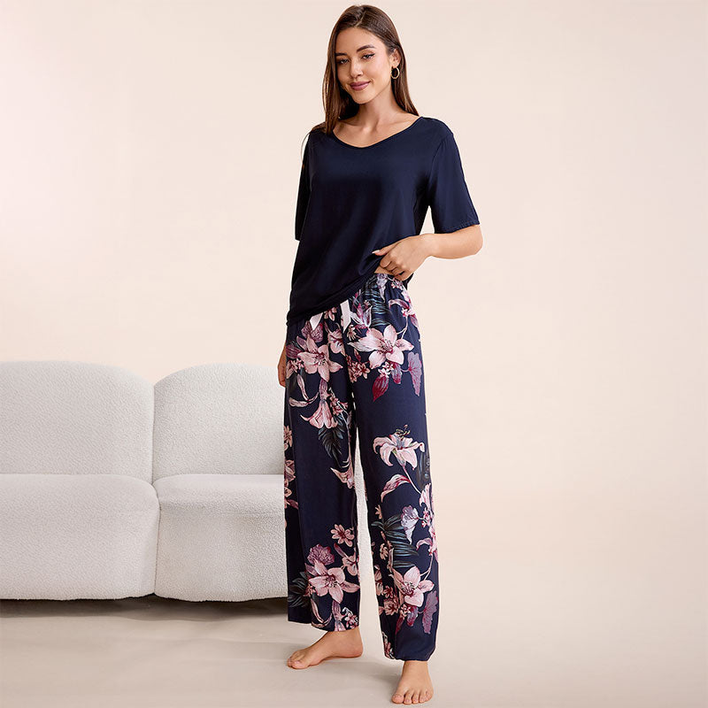 Cotton Floral Wide Leg Pajama Set - Navy
