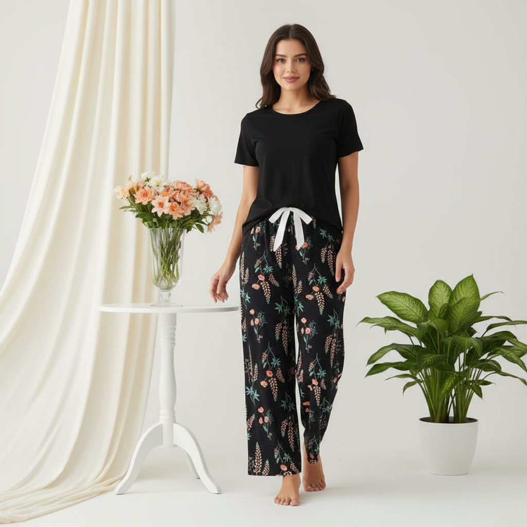 Soft Padded Tee Black Floral Lounge Set