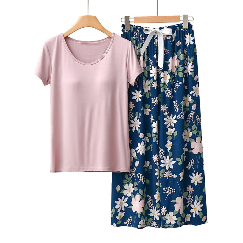 Soft Padded Tee Pink Navy Floral Lounge Set