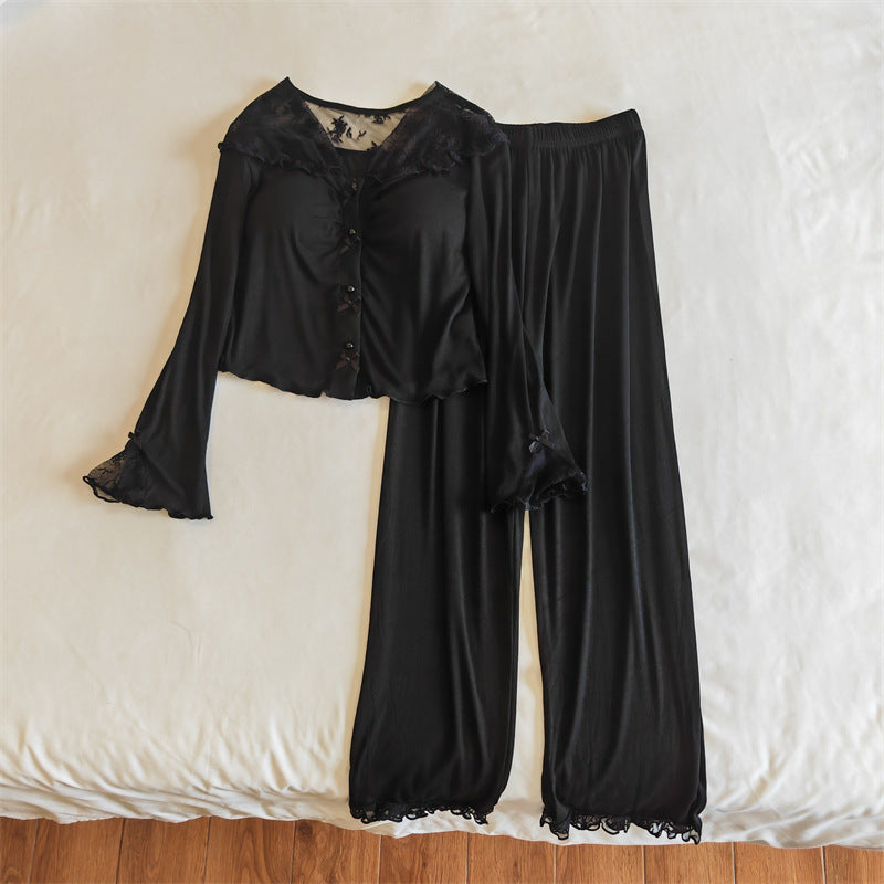 Lace Trim Wide Leg Cotton Pajama Set - Black