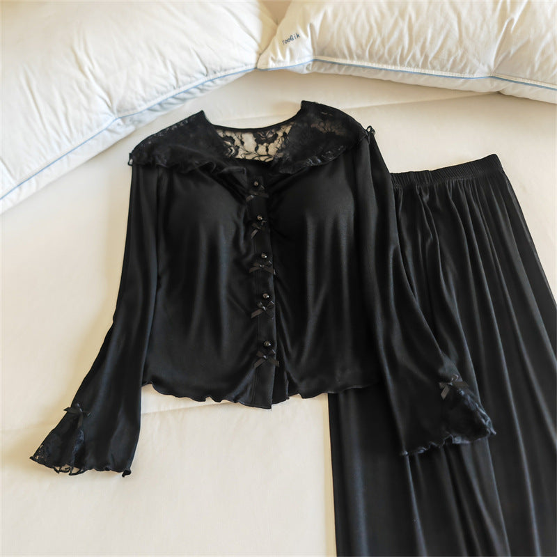 Lace Trim Wide Leg Cotton Pajama Set - Black