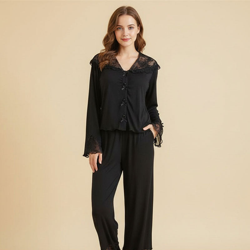 Lace Trim Wide Leg Cotton Pajama Set - Black