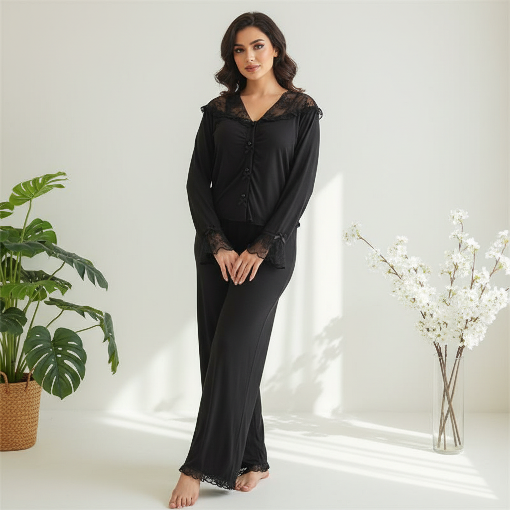 Lace Trim Wide Leg Cotton Pajama Set - Black