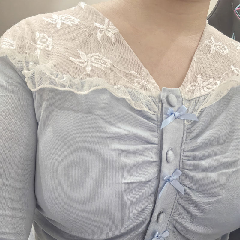 Lace Trim Wide Leg Cotton Pajama Set - Sky Blue