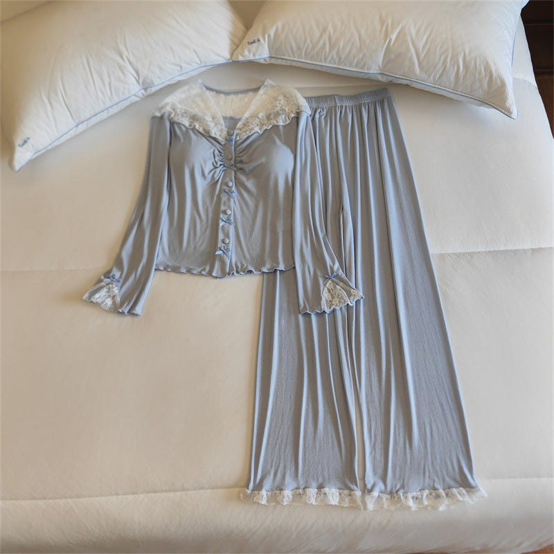 Lace Trim Wide Leg Cotton Pajama Set - Sky Blue