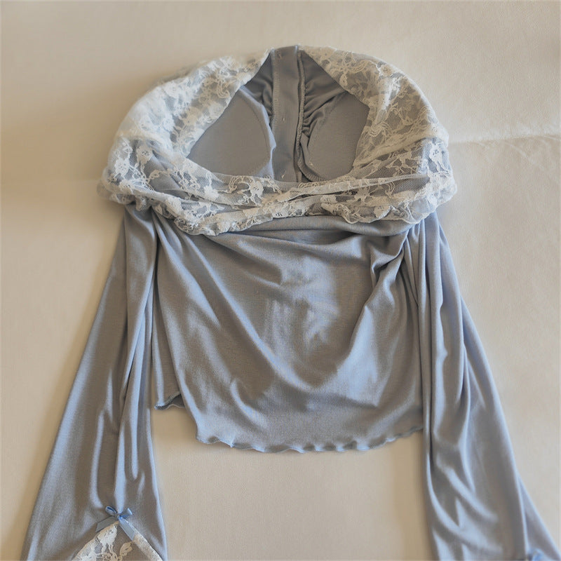 Lace Trim Wide Leg Cotton Pajama Set - Sky Blue