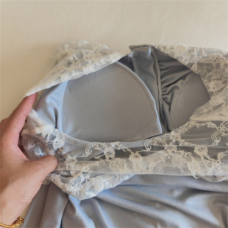 Lace Trim Wide Leg Cotton Pajama Set - Sky Blue