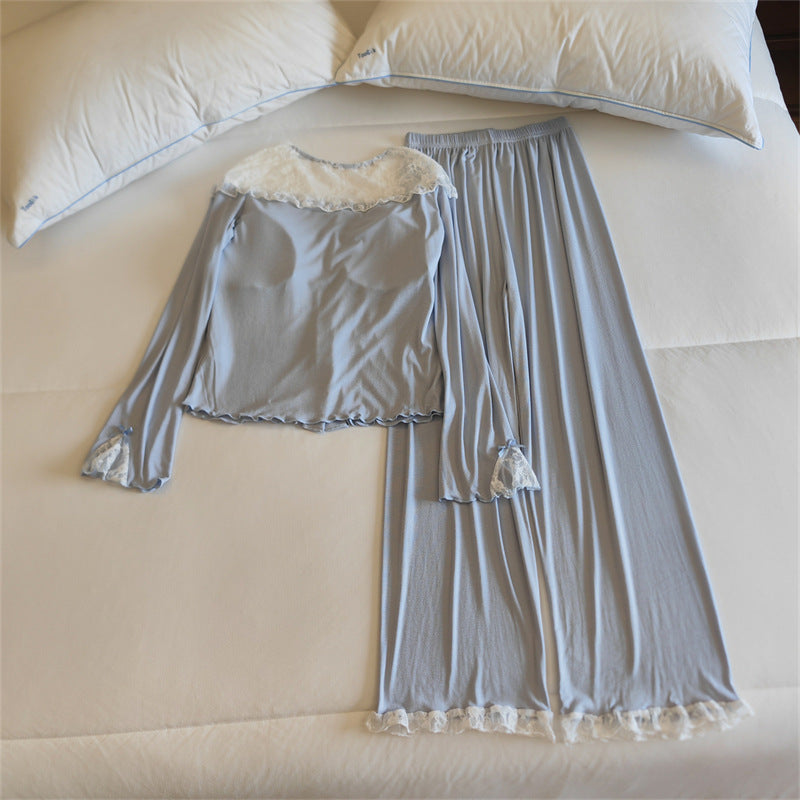 Lace Trim Wide Leg Cotton Pajama Set - Sky Blue