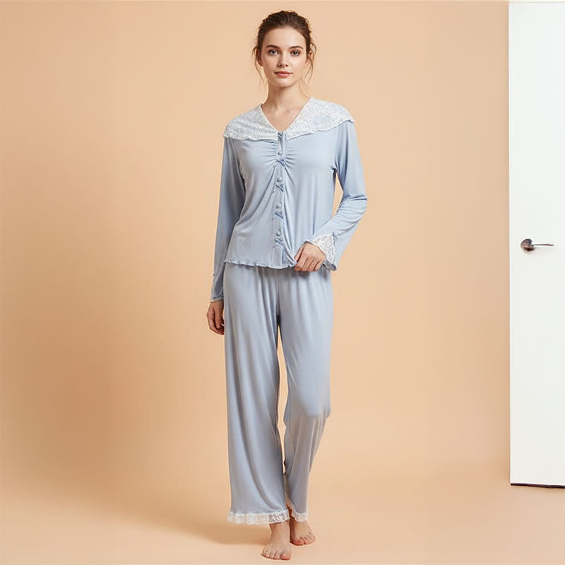 Lace Trim Wide Leg Cotton Pajama Set - Sky Blue