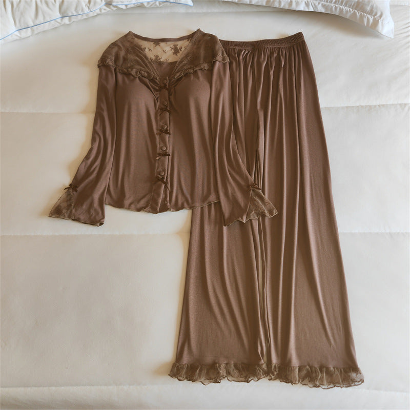 Lace Trim Wide Leg Cotton Pajama Set - Brown
