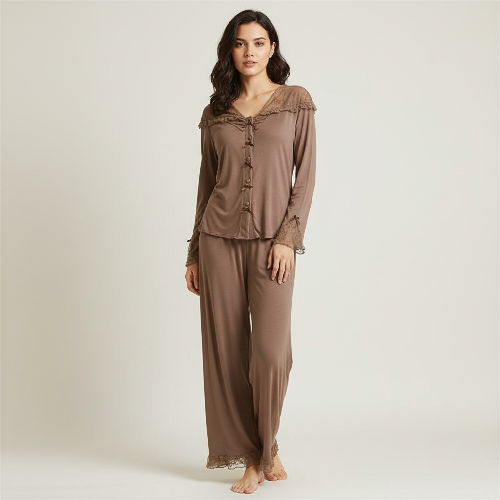 Lace Trim Wide Leg Cotton Pajama Set - Brown