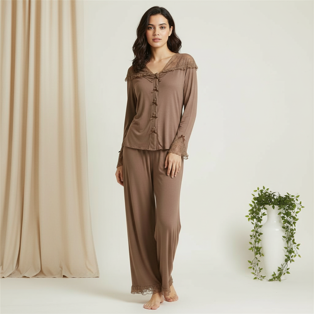 Lace Trim Wide Leg Cotton Pajama Set - Brown