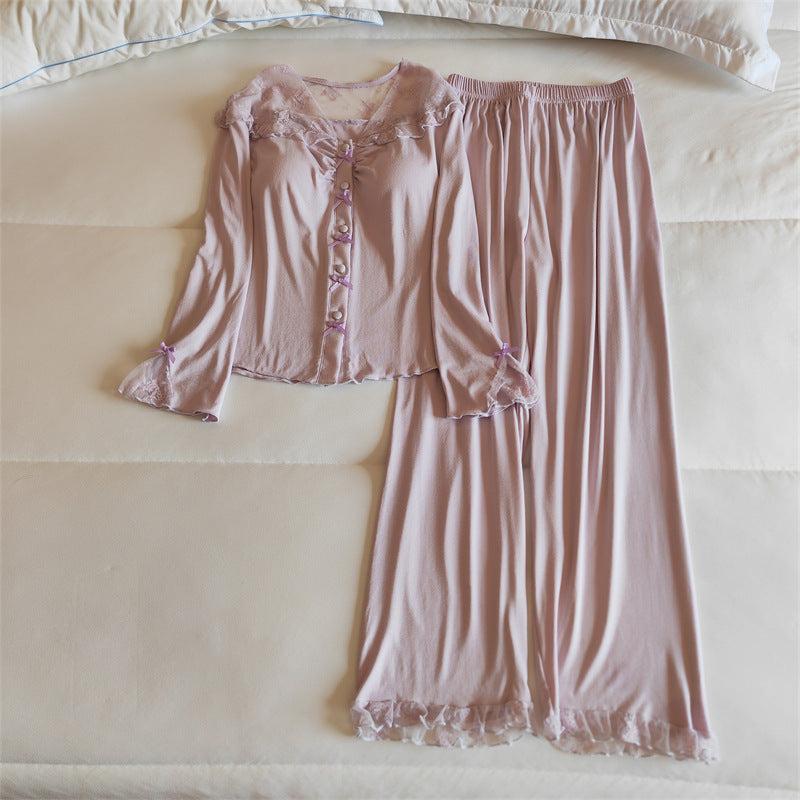 Lace Trim Wide Leg Cotton Pajama Set - Purple